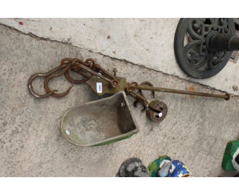 A SET OF BUTCHERS SCALES AND A GALVANISED WATER BOWL 