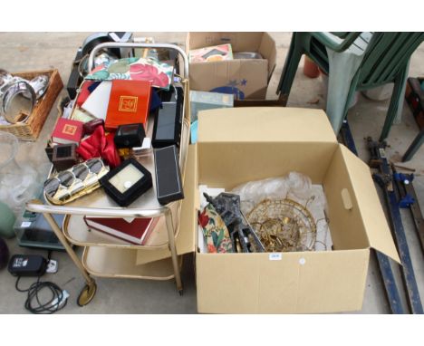 AN ASSORTMENT OF ITEMS TO INCLUDE A TEA TROLLY, LIGHT FITTINGS AND JEWELLERY BOXES ETC 
