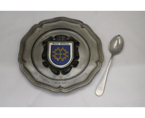A VINTAGE PEWTER TRAY AND A UNITED STATES NAVY SPOON 