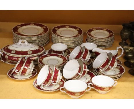 AN EIGHTY EIGHT PIECE ROYAL WORCESTER HATFIELD RED DINNER SERVICE GOLD SHELLS AND LEAVES WITH A RED SCALLOPED RIM (DISCONTINU