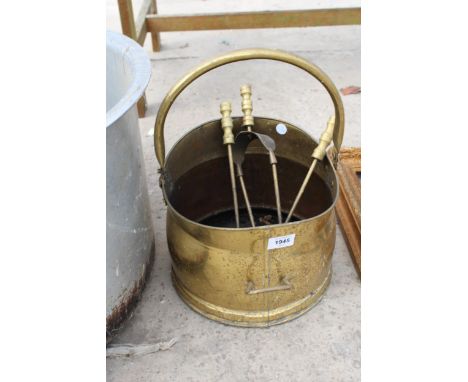 A VINTAGE BRASS COAL BUCKET AND THREE COMPANION ITEMS 