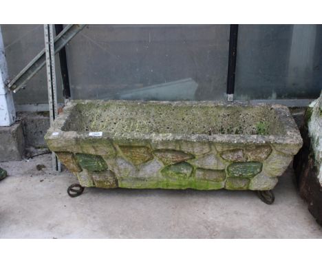 A CONCRETE GARDEN TROUGH PLANTER WITH METAL FEET (L:75CM) 
