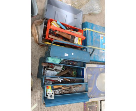 TWO TOOL BOXES WITH AN ASSORTEMNT OF TOOLS TO INCLUDE HAMMERS AND SCREW DRIVERS ETC 