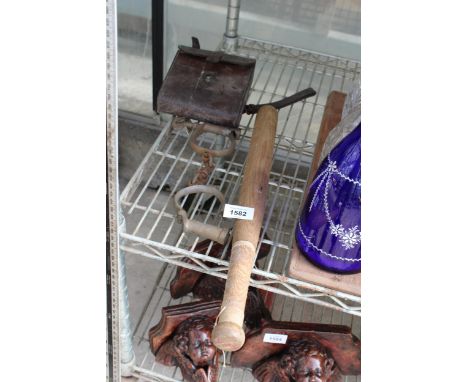 A PAIR OF VINTAGE HANDCUFFS WITH KEY AND A ROUNDERS BAT 