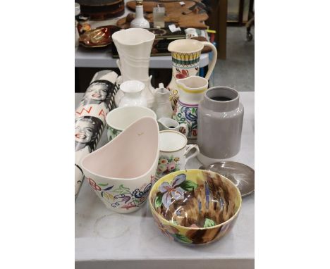 A QUANTITY OF CERAMICS TO INCLUDE PORTMERION JUGS, POOLE POTTERY, AYNSLEY LITTLE SWEETHEART, LUSTRE WARE BOWL, ETC., 