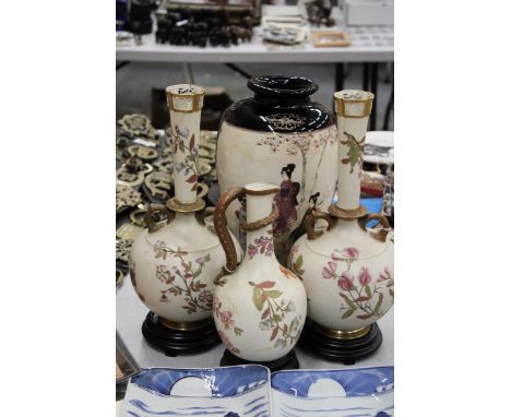 THREE PIECES OF ROYAL WORCESTER, BLUSH IVORY VASES, ONE WITH LIZARD HANDLE - ALL A/F, PLUS A LARGE JAPANESE VASE WITH MARKS T