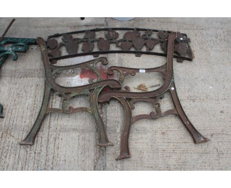 A PAIR OF DECORATIVE CAST BENCH ENDS AND FLORAL CAST BACK 