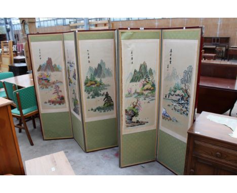 AN ORIENTAL SIX DIVISION SCREEN WITH TAPESTRY AND SILK MOUNTAIN SCENES EACH SECTION IS 60" X 18" 