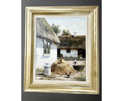 R Hansen : Chickens in a courtyard, oil on canvas, 39 cm x 49 cm, framed.