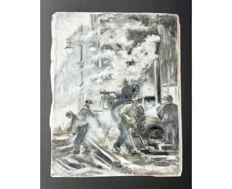 Twentieth century Continental School: Figures by a steam engine, oil on canvas, 44 cm x 58 cm, indistinctly signed, un-framed