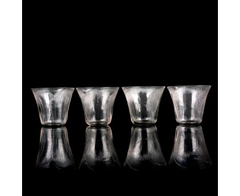 A set of 4 clear glassware with a floral motif and black enamel poppy flower center. Issued: c. 1922Dimensions: 3.5"W x 3"HMa