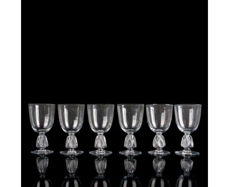 A set 6 clear drinkware with a frosted leaf motif stem. Lalique France etched on base. Issued: c. 1991-1995Dimensions: 3.25"W
