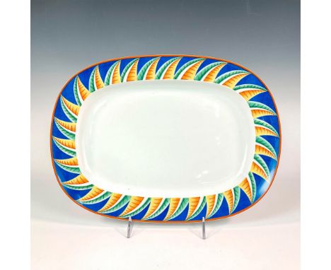 A large serving plate. Blue border with yellow and green leaf motif. Lalique backstamp. Issued: c. 1993-1997Dimensions: 15.25
