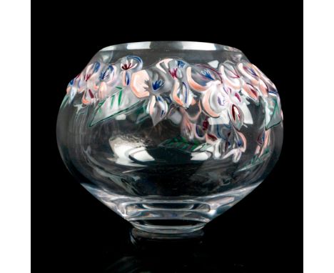 Beautifully designed with raised colored enamel floral decor.Â&nbsp;Marked Lalique France to bottom. Dimensions: 5"W x 4.5"HM