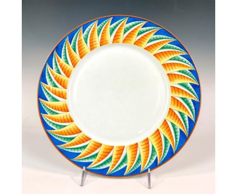 A large serving plate. Blue border with yellow and green leaf motif. Lalique backstamp. Issued: c. 1993-1997Dimensions: 1.25"
