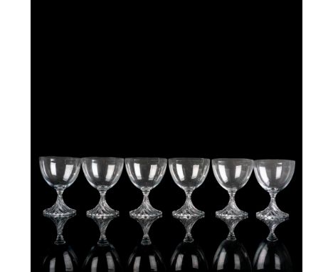 A set of 6 clear drinkware with a swirl stem. Lalique France etched on base. Issued: c. 1981-1991Dimensions: 4"W x 5.25"HManu