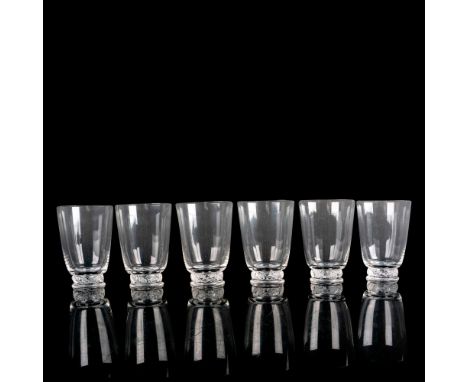 Clear glass with frosted oak band design on foot. Lalique etched mark. Dimensions: 3.5"L x 3.5"W x 4.75"HManufacturer: Laliqu