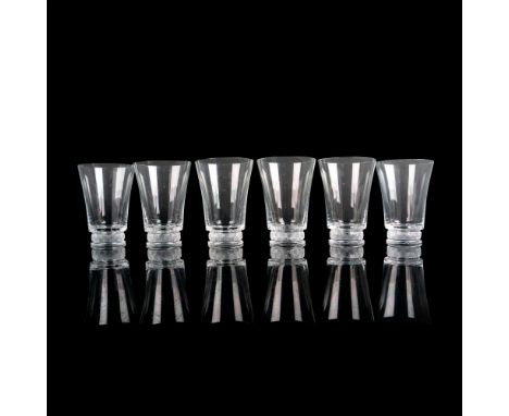 A set of 6 clear drinkware with zigzag pattern on the base. Lalique France etched on base. Issued: c. 1942-1992Dimensions: 3.