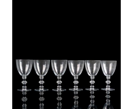 Set of 6 clear drinkware. Three frosted knobs on the stem with cut to clear leaf design. Lalique France etched on base. Issue