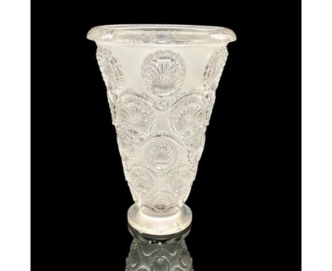 A frosted and clear footed Art Deco vase decorated with sea-shell cameo design. Etched signature R. Lalique France on base. I