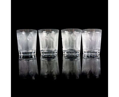 A set of 4 clear and frosted drinkware depicting sunken reliefs of Greco-Roman women. Lalique France etched on base. Dimensio