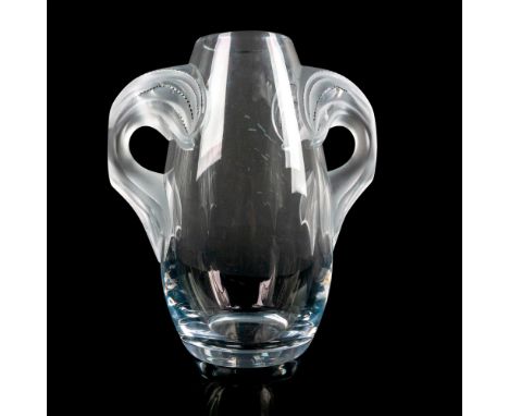 Exquisite large vase with double open loop handles decorated with black enamel detailing. Acid etched Lalique France Epreuve 