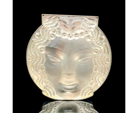 A heavily molded plaque of a womanâ€™s face with pearl decoration in contrasting frosted and clear glass. This is an original