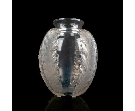 Frosted and clear mold-blown vessel of panel form with foliage design. R Lalique impressed to underside. Dimensions: 5.5"W x 