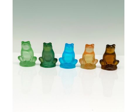 A set of crystal frogs sitting down on their hind legs in 5 various colors: light green, green, yellow, amber, and blue. Sign