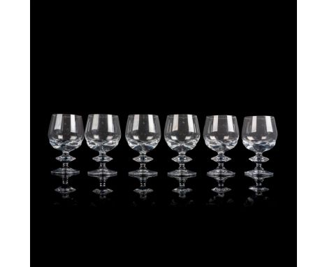 A set of 6 clear drinkware with a floral wafer stem. Lalique France etched on base. Issued: c. 1981-1996Dimensions: 3.25"W x 