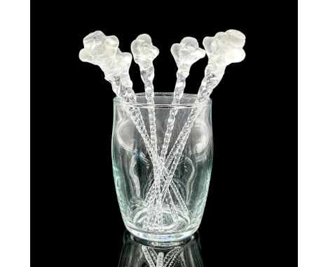 Elegant frosted and clear crystal cocktail stirrers in a pleasant design, 4.5"L. Glass is 3"H x 2.25"dia. Lalique France etch