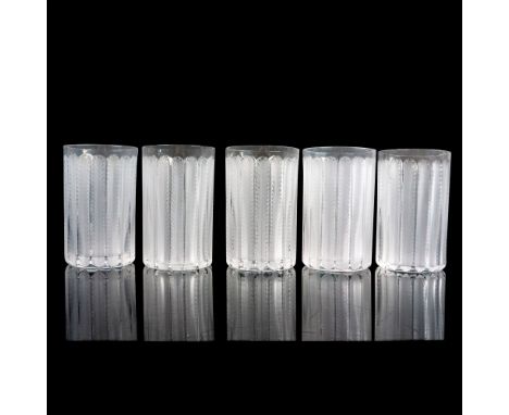 A set of 5 clear and frosted drinkware with frosted elongated oval leaves. Lalique France etched on base. Issued: c. 1931-200
