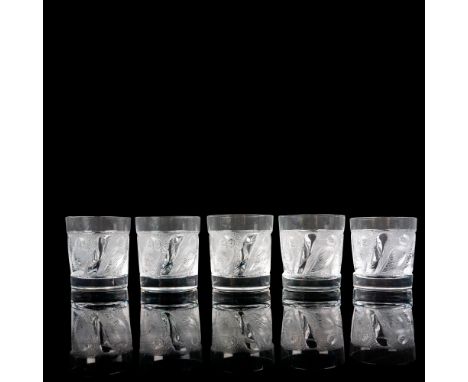 A set of 5 clear and frosted drinkware adorned with raised owls. Lalique France etched on base. Dimensions: 3"W x 3.25"HManuf