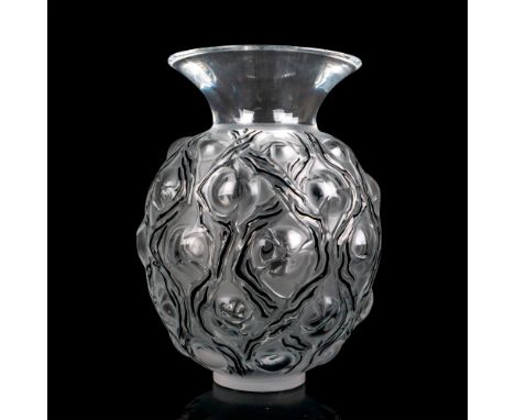 A clear crystal vessel with black enamel detailing and flared rim top. Marked Lalique France to bottom. Dimensions: 7"W x 10"