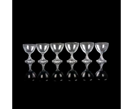 A set of 6 clear drinkware with a swirl stem. Lalique France etched on base. Issued: c. 1981-1991Dimensions: 3"W x 3.75"HManu