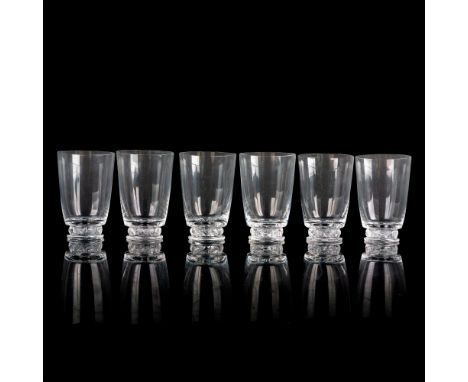 Clear footed glass with frosted oak band design above base. Lalique etched mark on bottom. Dimensions: 2.25"L x 2.25"W x 3.5"