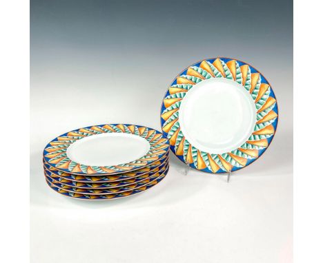 Discontinued pattern. Elegant and lightweight white porcelain dinner plate set. Design features cerulean blue rims with abstr