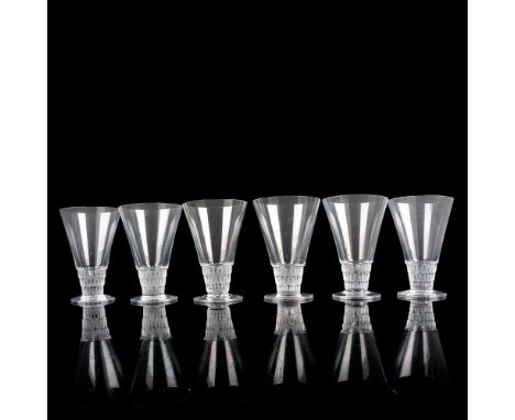A set of 6 clear drinkware with frosted triangles pattern on the bases. Lalique France etched on base. Issued: c. 1930-2009Di