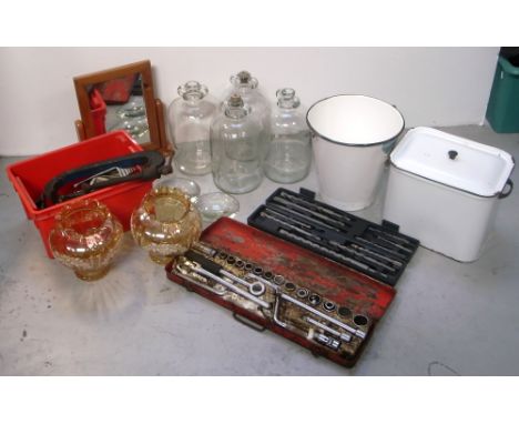 A collectors lot comprising enamel bread bin and bucket, home brewing jugs, vintage glass camera lenses and a quantity of too