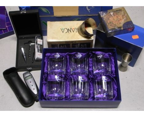 A quantity of crystal glasses, thermometer, flask set etc.