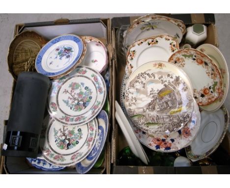 Three boxes of collectibles to include "Indian Tree" dinnerware, Royal Doulton, various ceramics, large retro red wine goblet