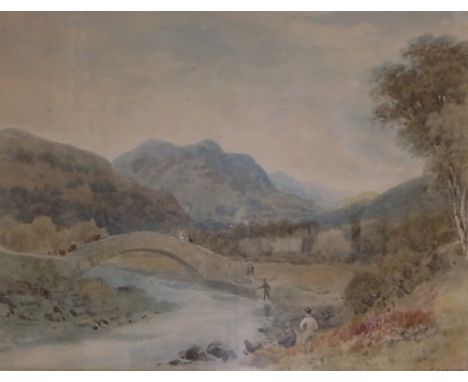 FREDERICK NASH (1782-1856); watercolour, depicting a countryside landscape with a bridge, bed of water and figures, signed lo