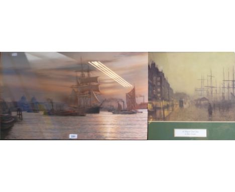 After RODNEY CHARMAN; harbour print with masted vessels, docked boats and dwellings in the background, facsimile signed and d