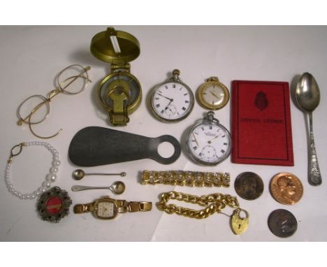 A collectors lot comprising base metal pocket watches, a gold plated bracelet, a ladies Timex wristwatch, spectacles, a WWII 