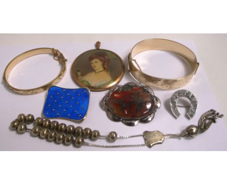 Two gold plated bangles, a yellow metal framed portrait miniature, three silver brooches to include on set with blue enamel a