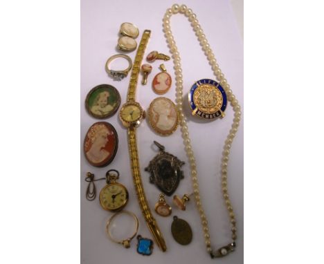 A quantity of jewellery and watches to include various cameo brooches and earrings, a graduated pearl necklace with white met