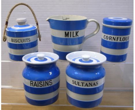T. G. GREEN (black shield backstamp); a corn flour caddy (af), a measuring milk jug, a sultanas jar and cover, a raisins jar 