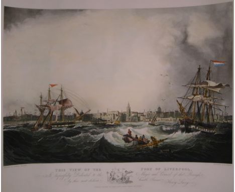 After SAMUEL WALTERS; a print, a view of the port of Liverpool depicting sailing ships and tug boats on stormy waters, 43 x 6