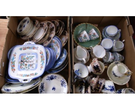 Two boxes of ceramics, mainly teaware, to include a Victorian blue and white part tea service, Salisbury teaware and Royal St