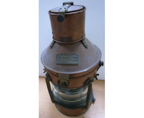A large copper ship's "At anchor" or "Not under command" lamp, with plaque inscribed "William Harvie & Co Ltd, Birmingham", n